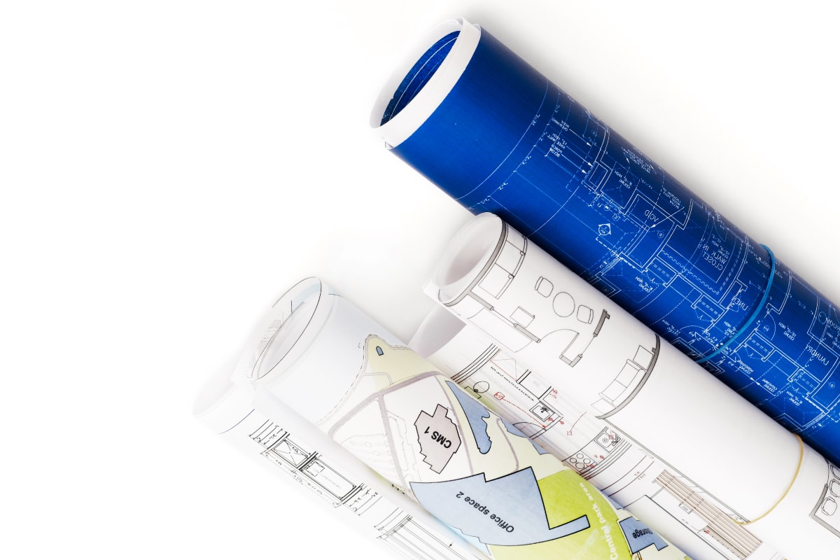 set of five rolled blueprints