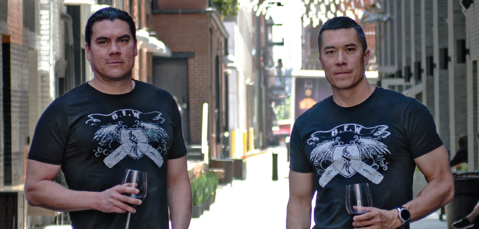 Two men stand in Denver