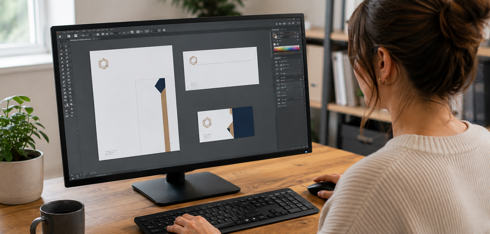 Woman designing business card and stationary file setup for print.