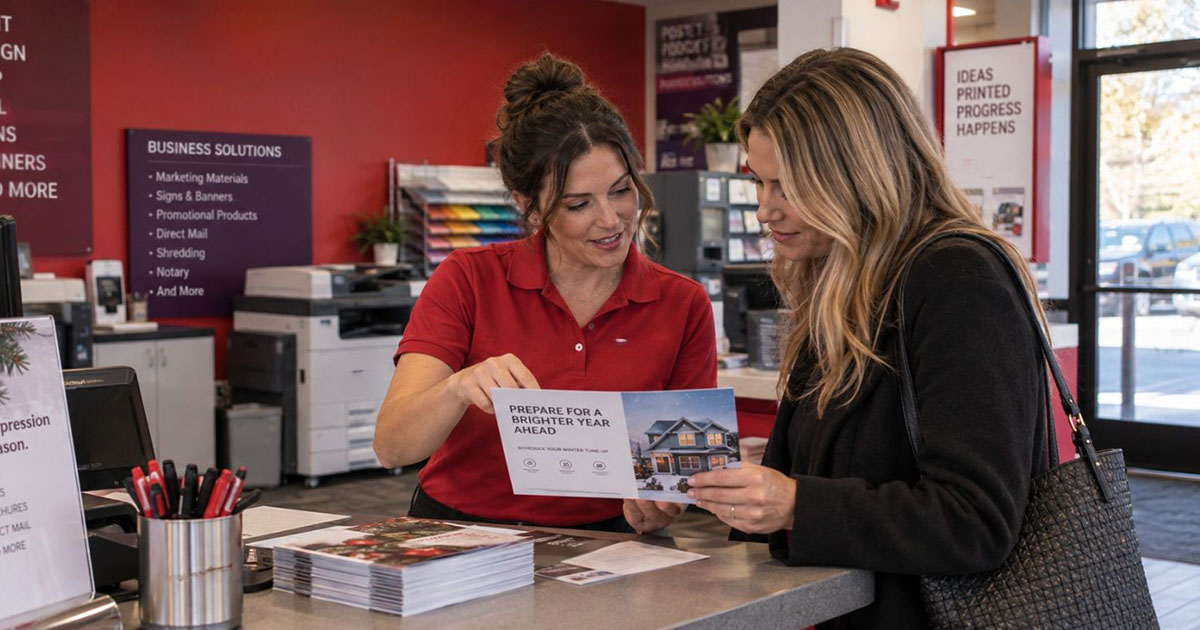 PostNet worker helping customer with year end post cards for service businesses