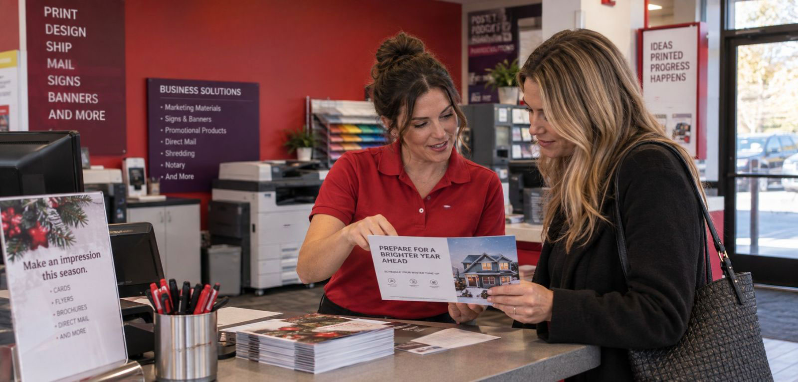 PostNet worker helping customer with year end post cards for service businesses